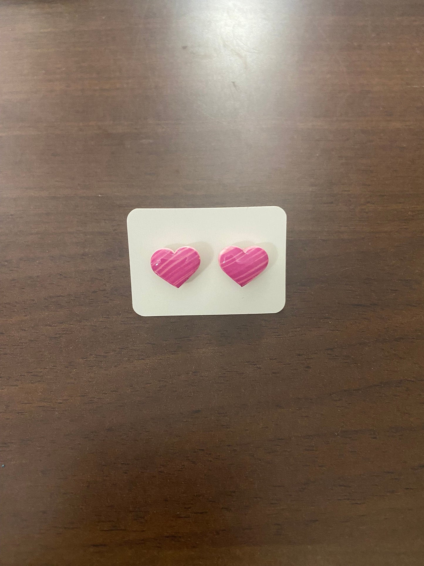 Pink Handpainted Heart Polymer Clay Stud Earrings