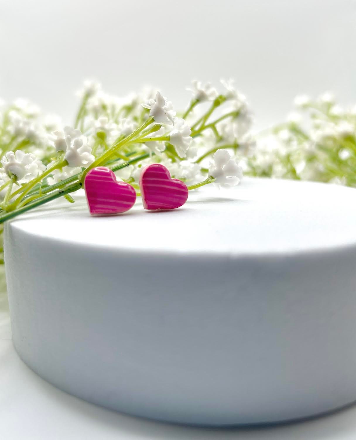 Pink Handpainted Heart Polymer Clay Stud Earrings