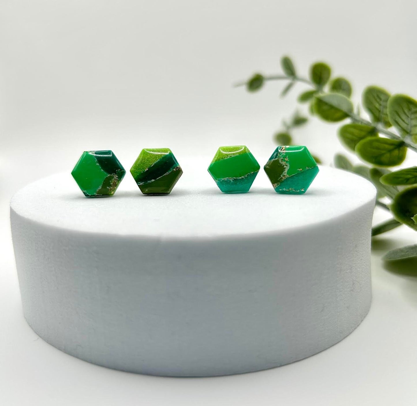 The "Emerald Collection" Hexagon Polymer Clay Handmade Stud Earrings