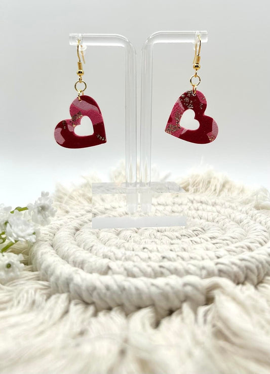 Pink and Red Open Heart Polymer Clay Handmade Dangle Earrings