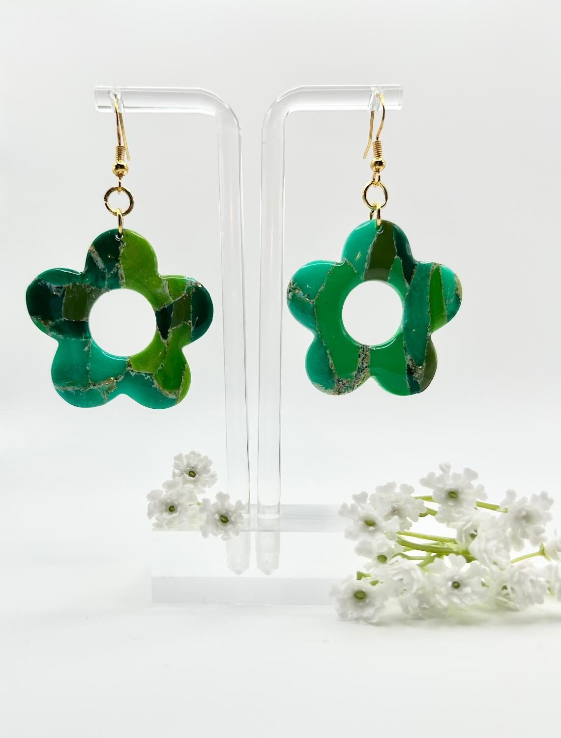 The "Emerald Collection" Flower Polymer Clay Handmade Dangle Earrings