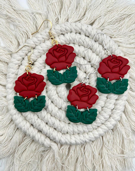 Red Rose Polymer Clay Handmade Dangle Earrings