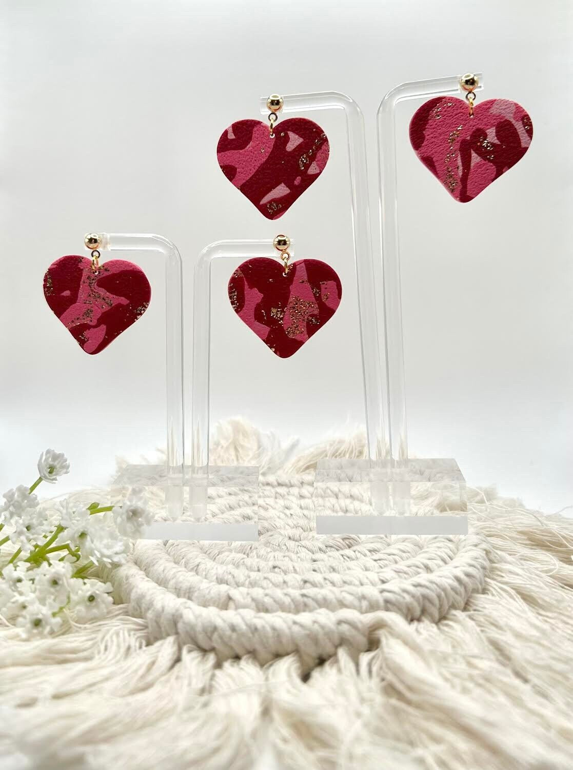 Pink and Red Large Hearts Handmade Dangle Earrings