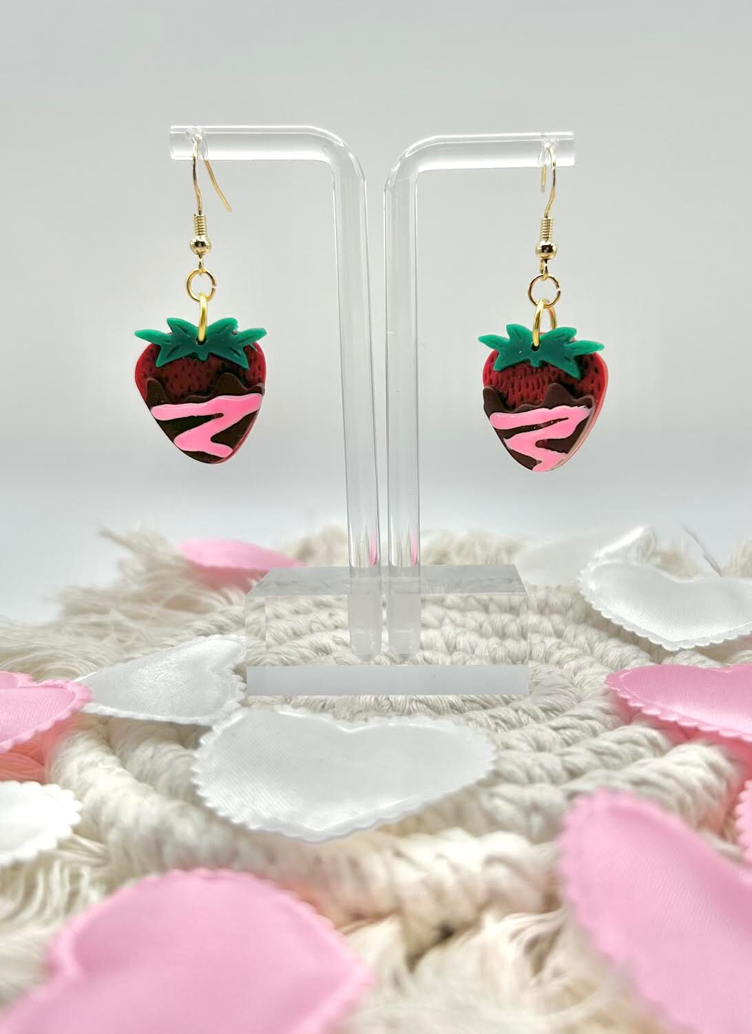 Chocolate Covered Strawberry Polymer Clay Handmade Dangle Earrings