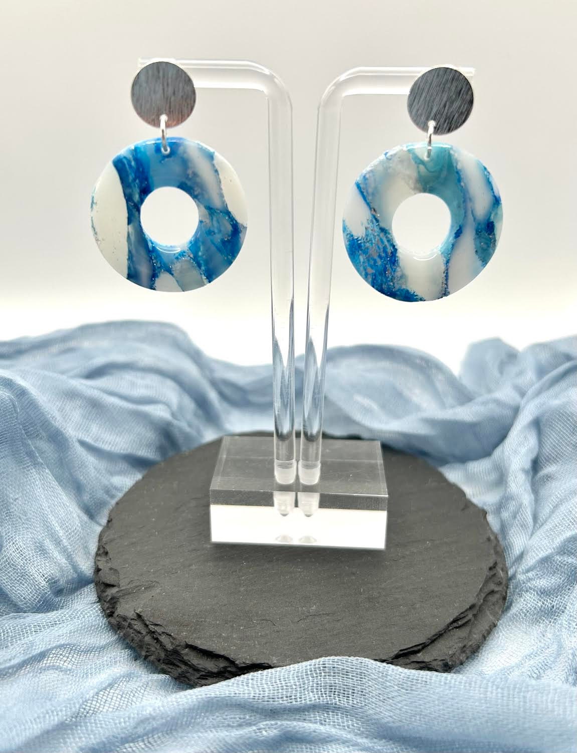 The "Cerulean Collection" Circle Polymer Clay Handmade Dangle Earrings