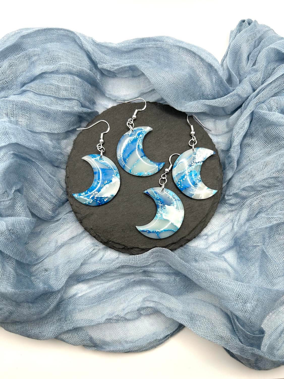 The "Cerulean Collection" Moons Polymer Clay Handmade Dangle Earrings