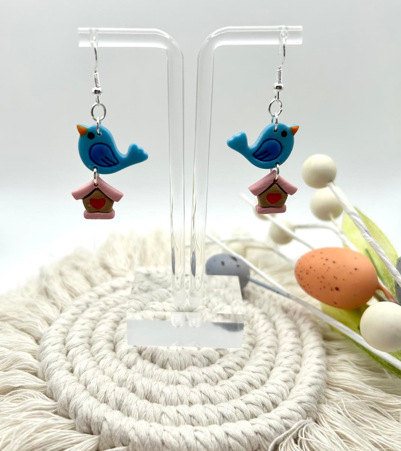 Blue Bird Polymer Clay Handmade Dangle Earrings