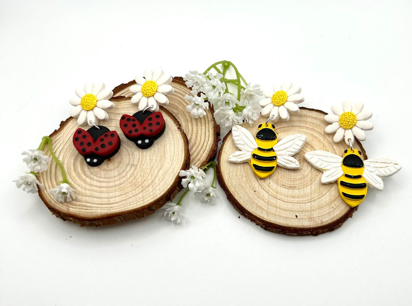 Bumble Bees and Ladybugs Polymer Clay Handmade Dangle Earrings