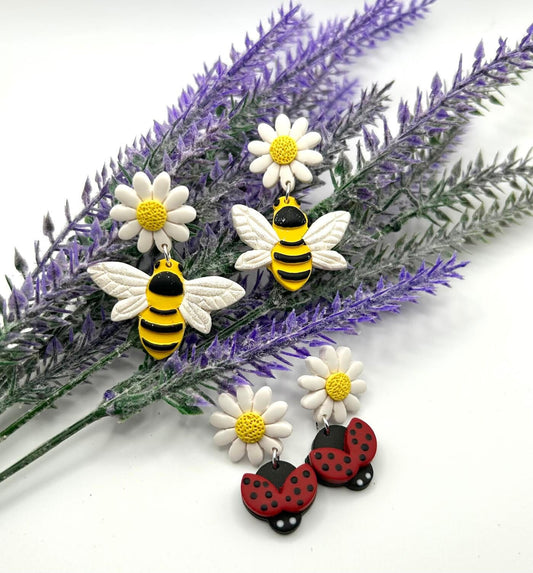 Bumble Bees and Ladybugs Polymer Clay Handmade Dangle Earrings