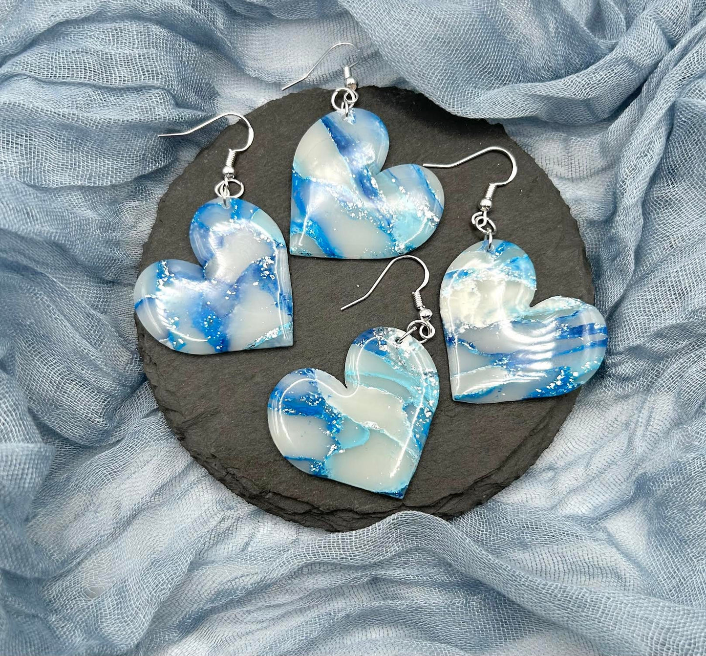 The "Cerulean Collection" Hearts Polymer Clay Handmade Dangle Earrings