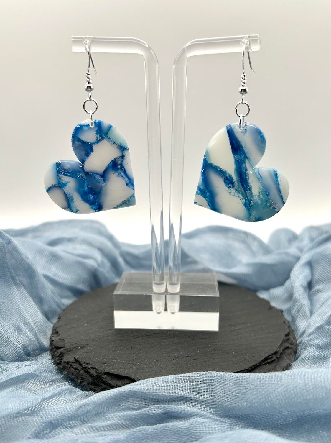 The "Cerulean Collection" Hearts Polymer Clay Handmade Dangle Earrings