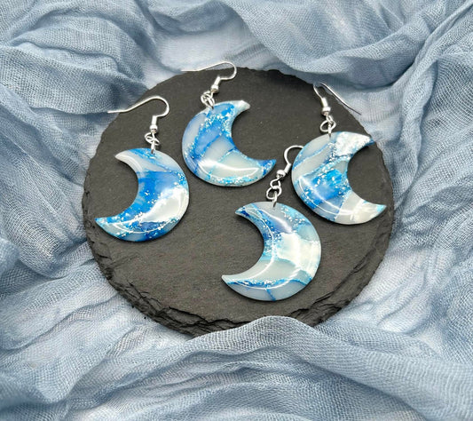 The "Cerulean Collection" Moons Polymer Clay Handmade Dangle Earrings