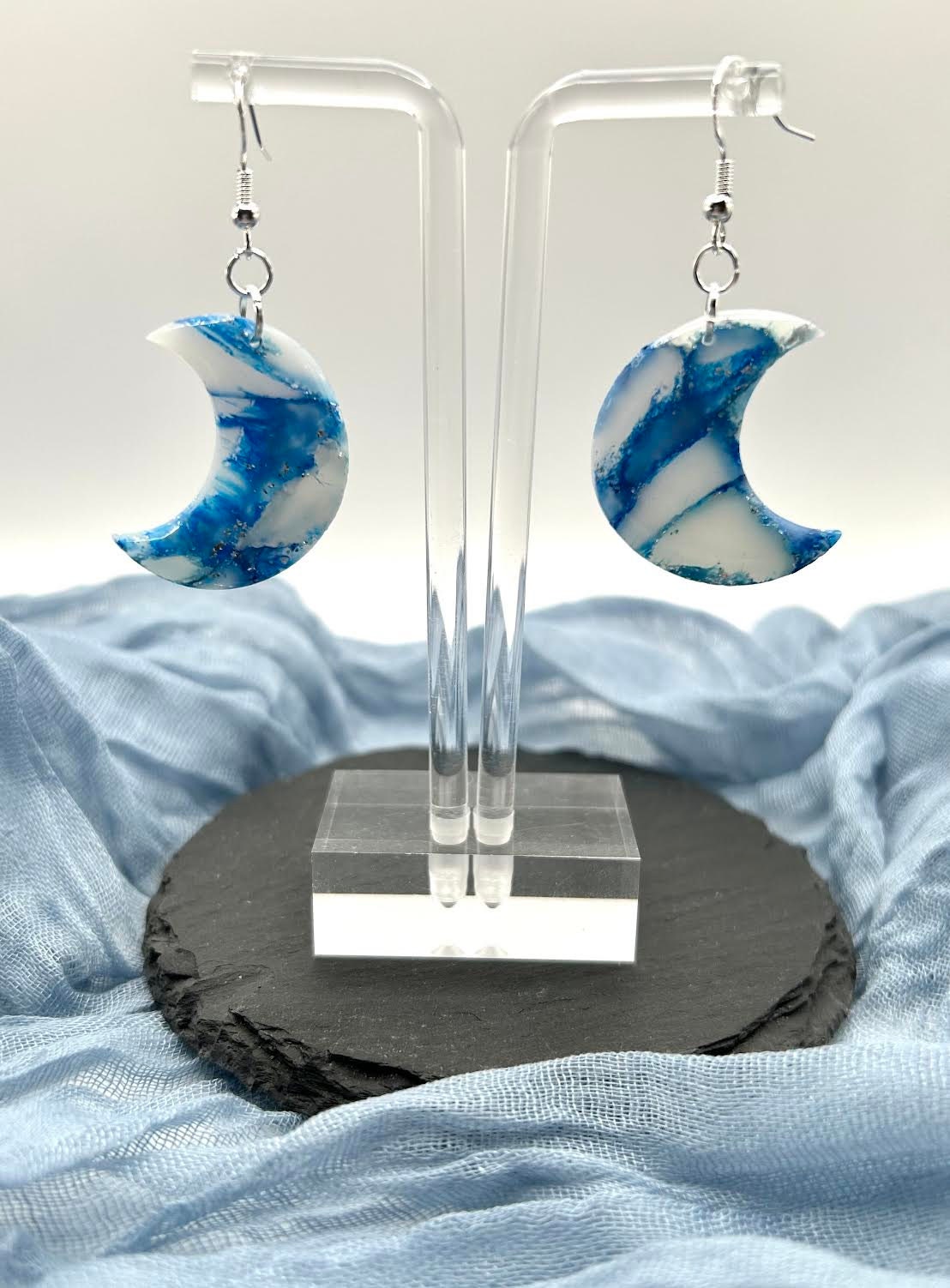 The "Cerulean Collection" Moons Polymer Clay Handmade Dangle Earrings