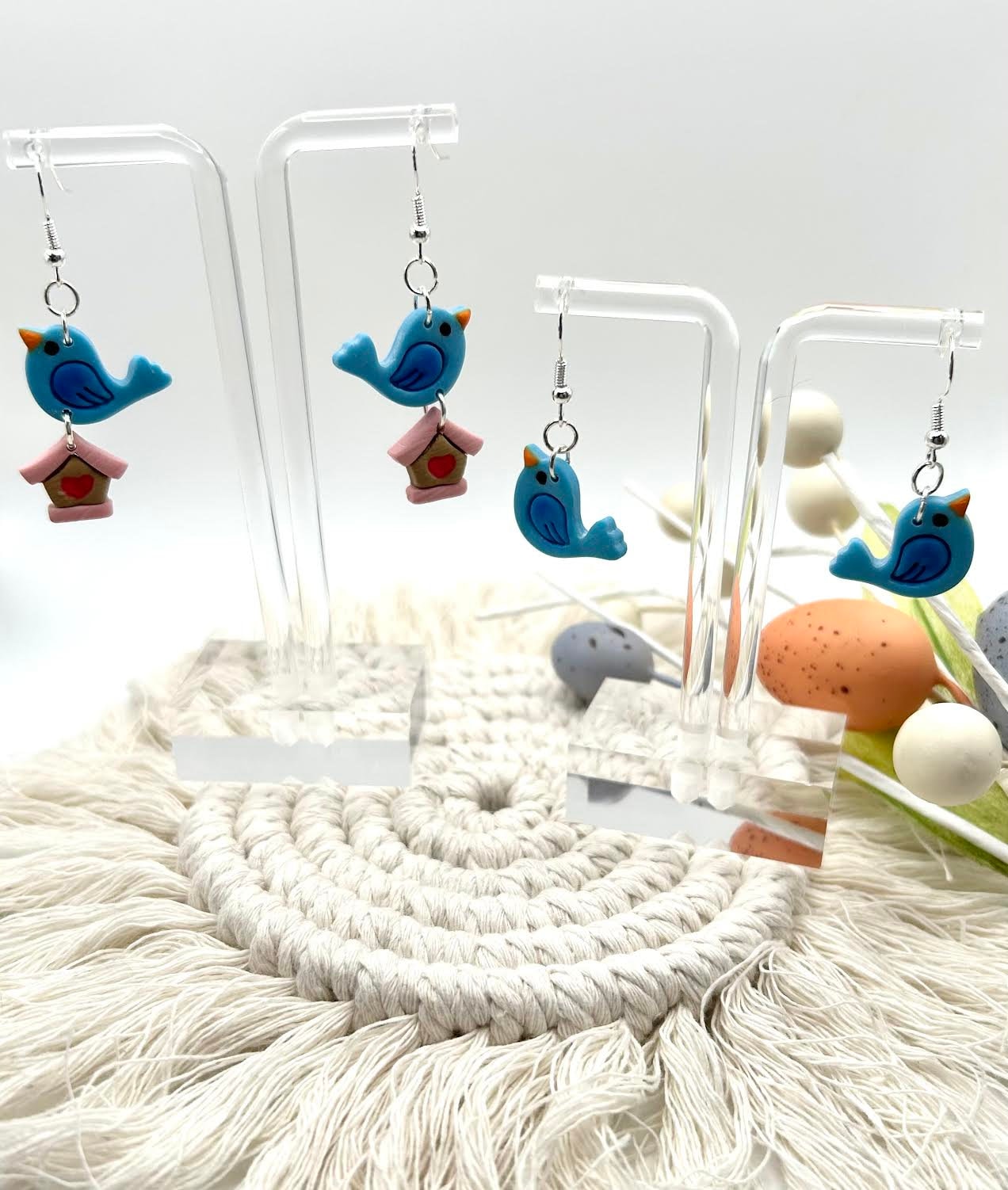 Blue Bird Polymer Clay Handmade Dangle Earrings