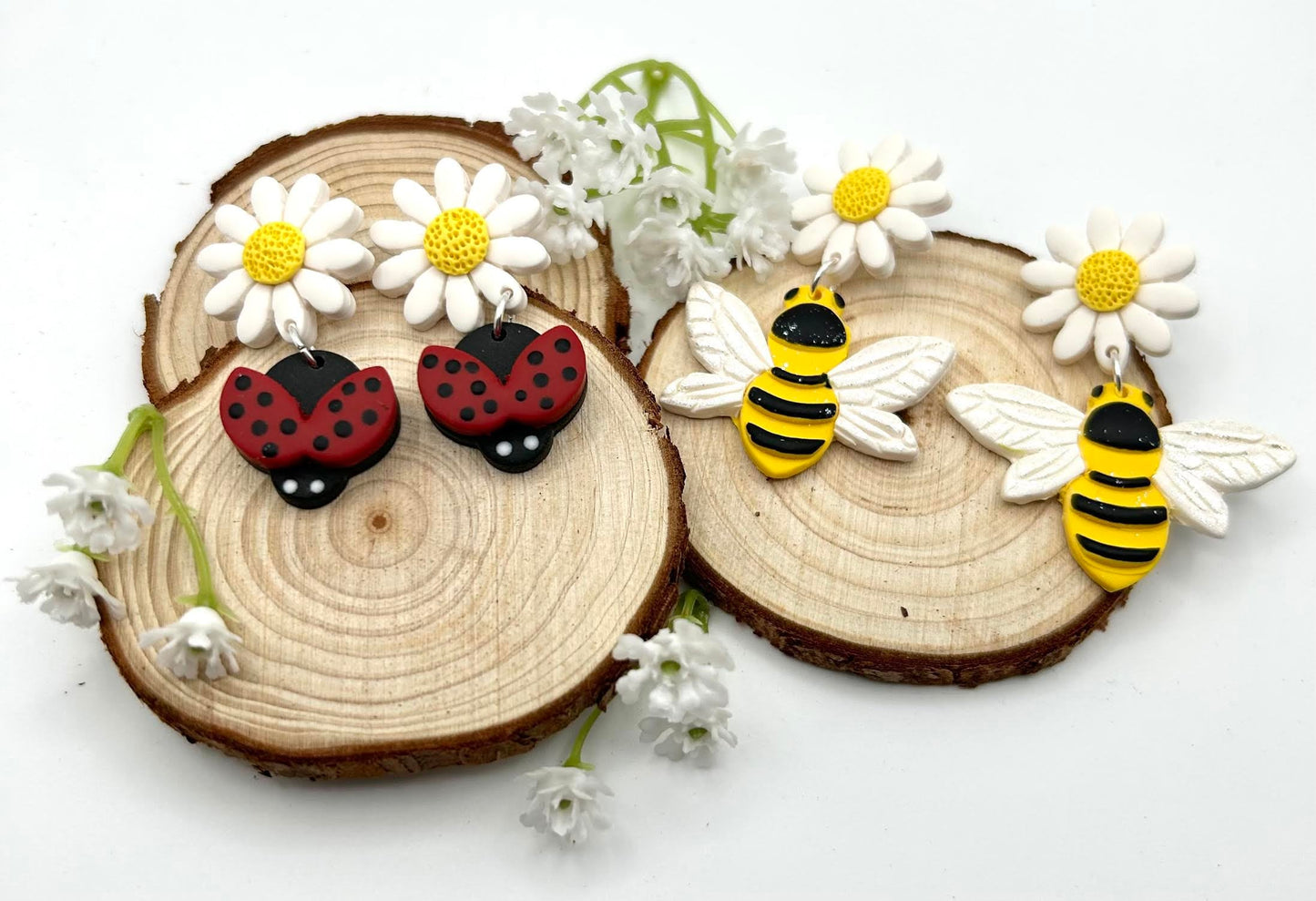 Bumble Bees and Ladybugs Polymer Clay Handmade Dangle Earrings